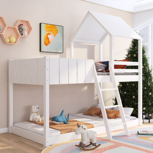 Wooden Bunk Bed – Mid-Sleeper Cabin Bed with Ladder & Guard Rail | 3FT Treehouse Loft Bed (White 90×190cm)